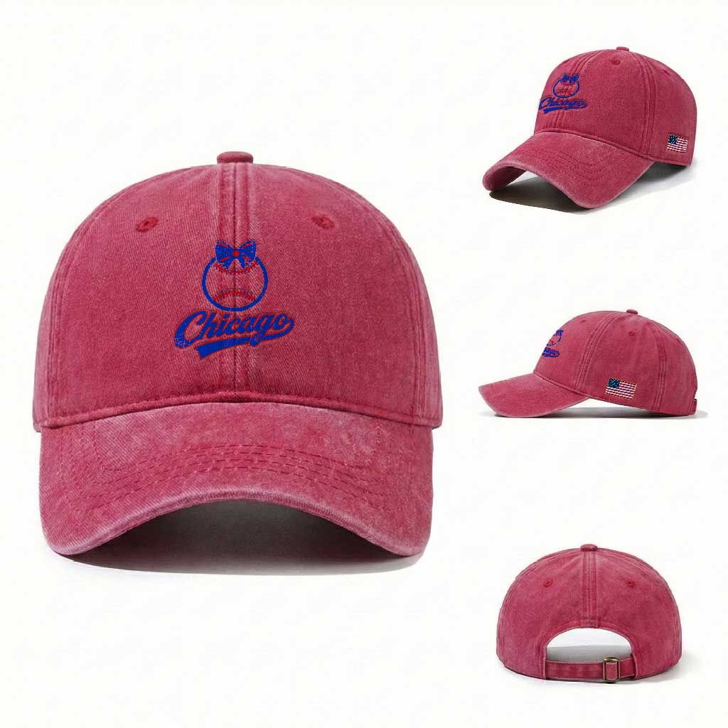 Chicago Coquette Bow Washed Cotton Baseball Cap Cute Girls Kids Women Baseball Fans
