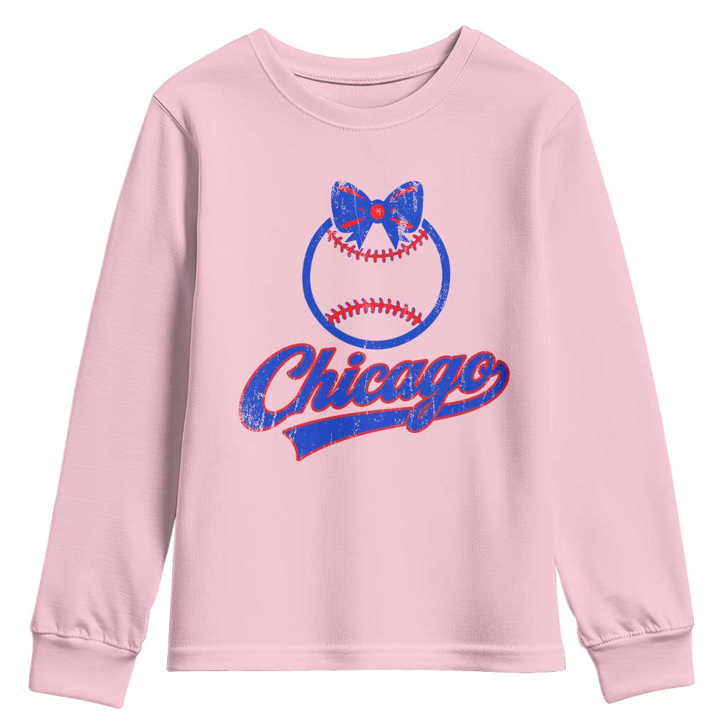 Chicago Coquette Bow Youth Sweatshirt Cute Girls Kids Women Baseball Fans