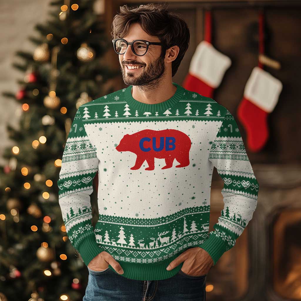 Vintage Cub Ugly Christmas Sweater Retro Sports Bear Baseball Fans