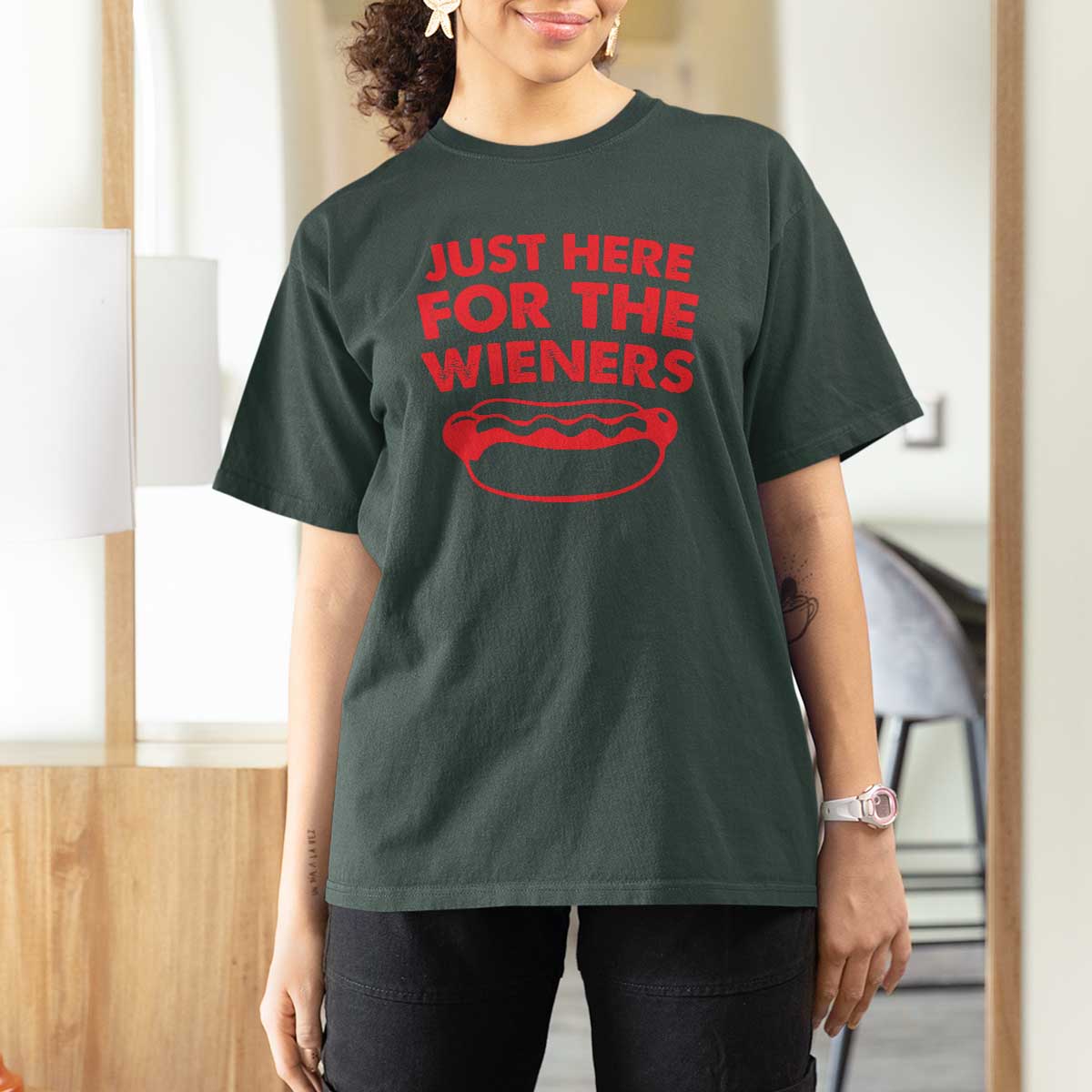 4th of July Just Here For The Wieners T Shirt For Women Funny Hot Dog Independence Day Patriotic Weenies - Wonder Print Shop