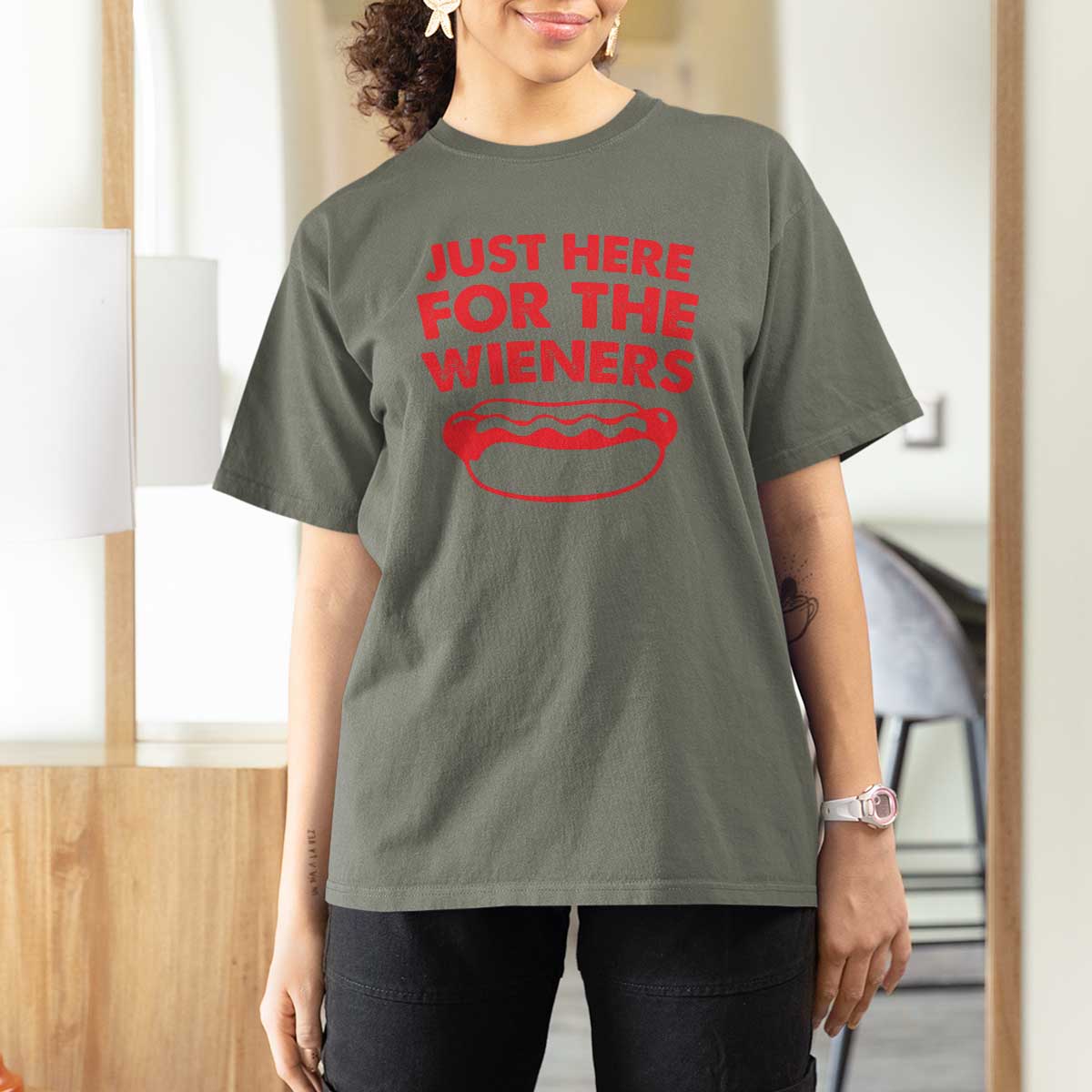 4th of July Just Here For The Wieners T Shirt For Women Funny Hot Dog Independence Day Patriotic Weenies - Wonder Print Shop