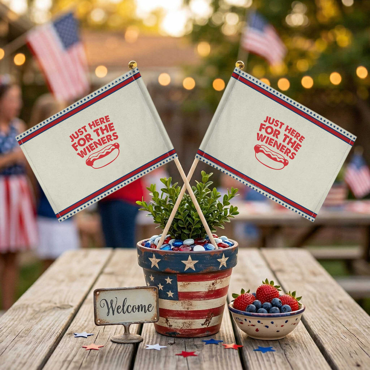 4th of July Just Here For The Wieners Patriotic Handheld Flag Funny Hot Dog Independence Day Weenies