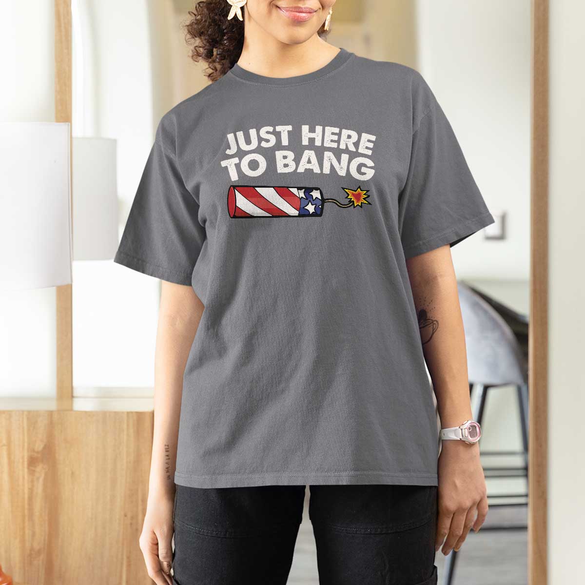 Funny 4th July Just Here To Bang T Shirt For Women USA Fireworks American Flag - Wonder Print Shop
