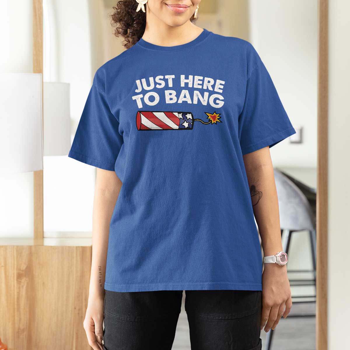 Funny 4th July Just Here To Bang T Shirt For Women USA Fireworks American Flag - Wonder Print Shop