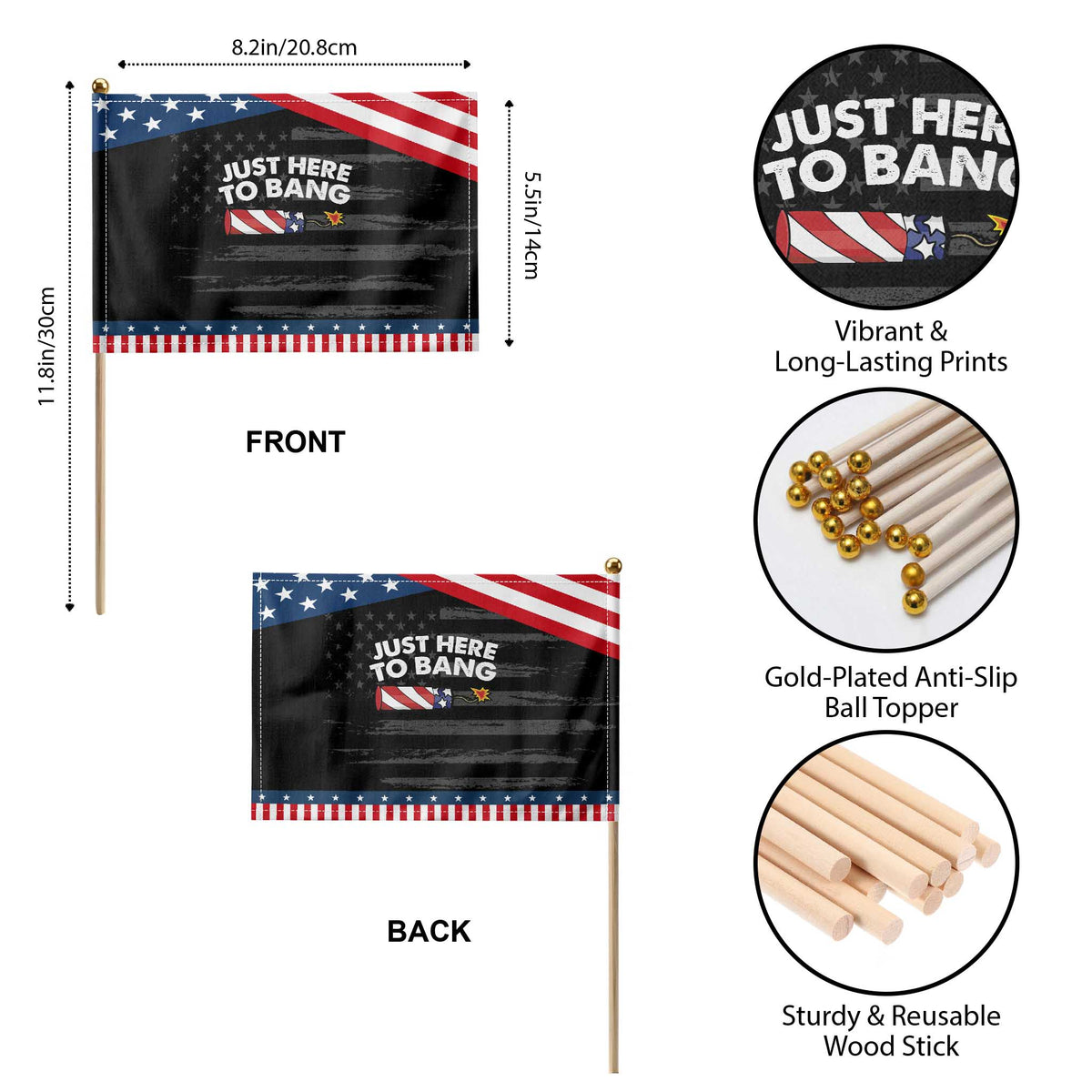 Funny 4th July Just Here To Bang Patriotic Handheld Flag USA Fireworks American Flag