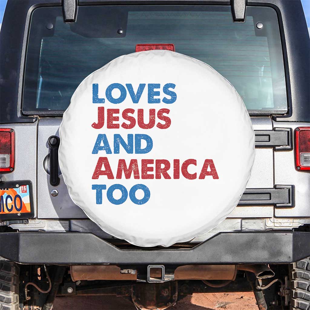 Loves Jesus and America Too Spare Tire Cover 4th of July Patriotic - Wonder Print Shop