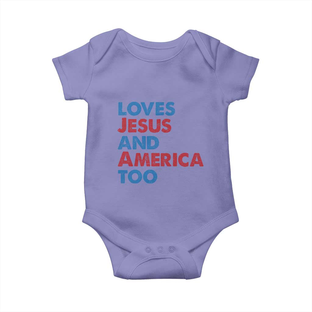 Loves Jesus and America Too Baby Onesie 4th of July Patriotic - Wonder Print Shop