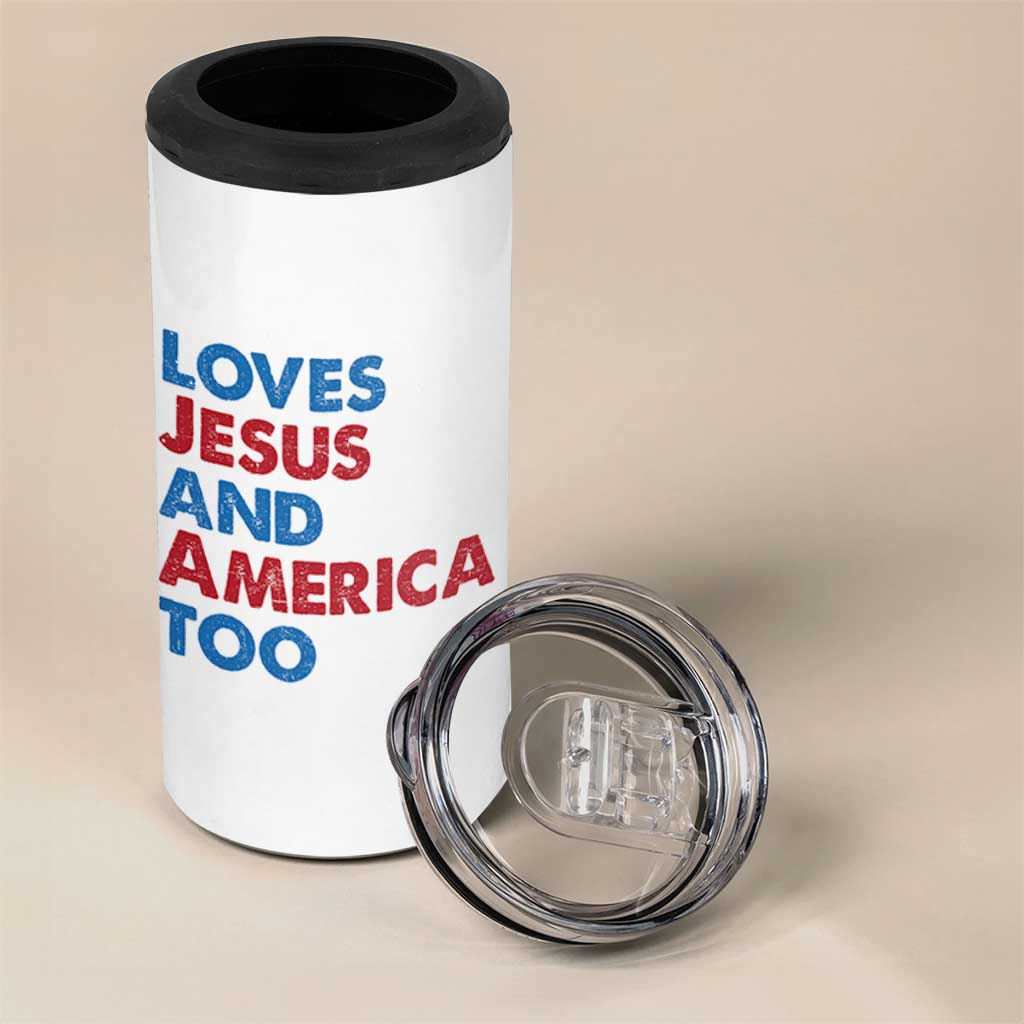 Loves Jesus and America Too 4 in 1 Can Cooler Tumbler 4th of July Patriotic - Wonder Print Shop