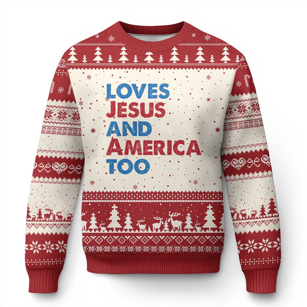 Loves Jesus and America Too Ugly Christmas Sweater 4th of July Patriotic - Wonder Print Shop
