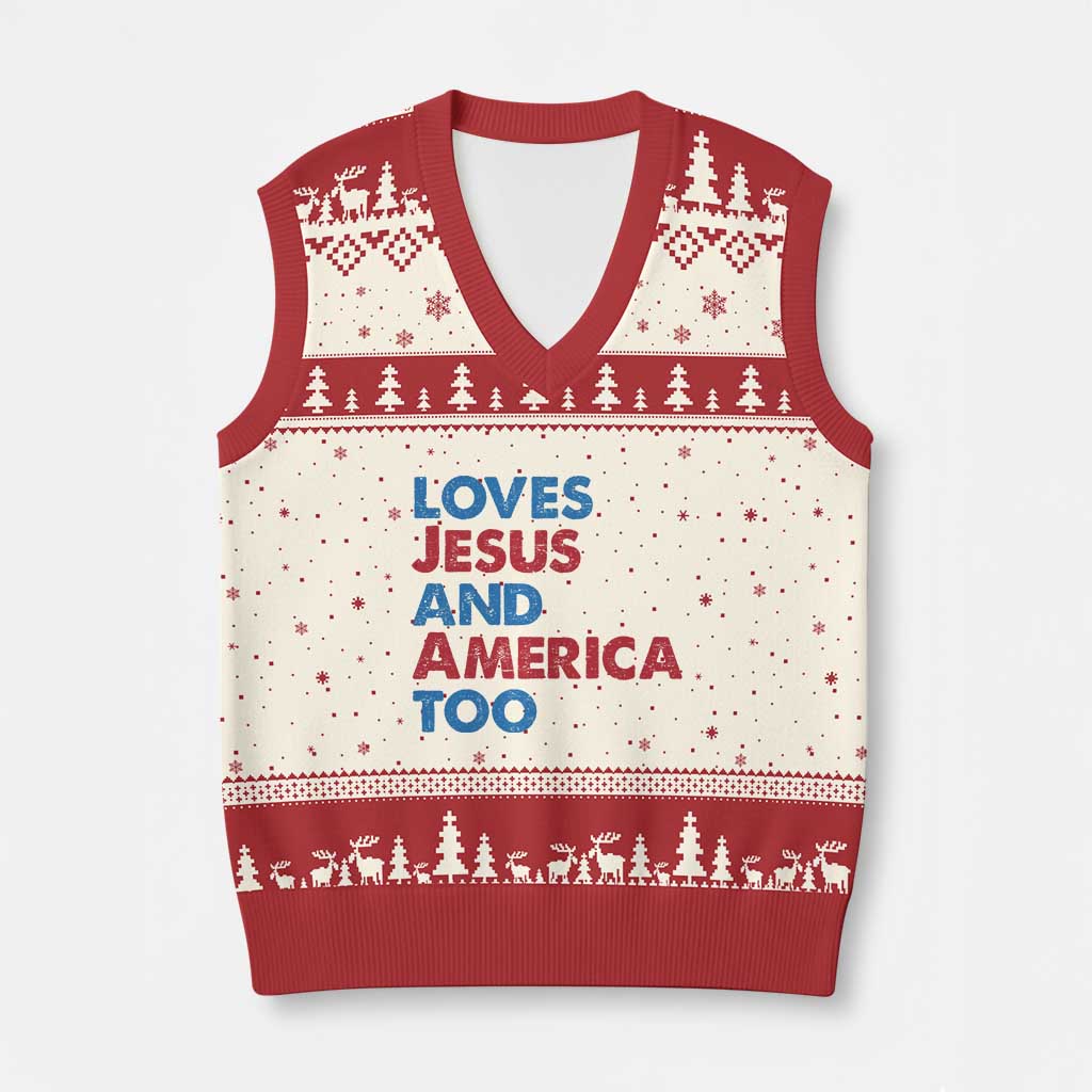 Loves Jesus and America Too V-Neck Knit Sweater Vest 4th of July Patriotic - Wonder Print Shop