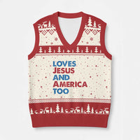 Loves Jesus and America Too V-Neck Knit Sweater Vest 4th of July Patriotic - Wonder Print Shop