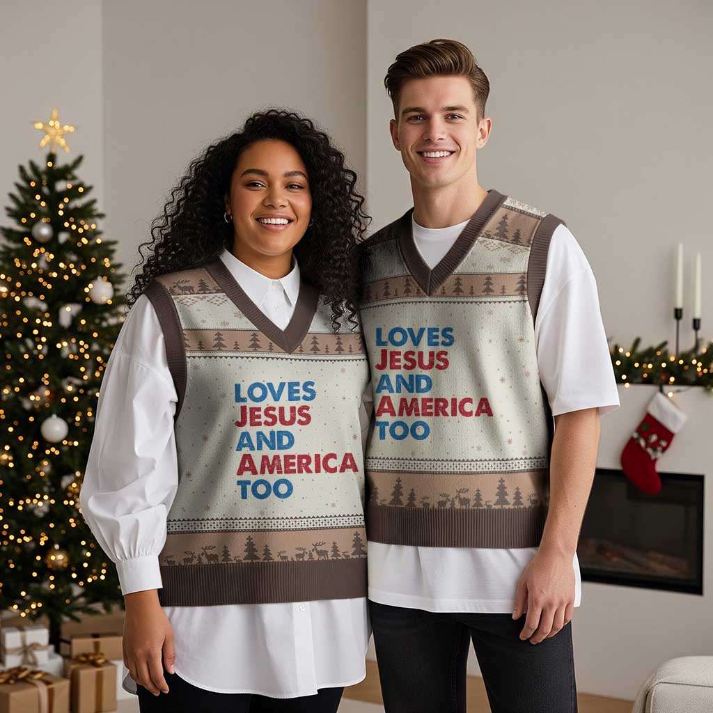 Loves Jesus and America Too V-Neck Knit Sweater Vest 4th of July Patriotic - Wonder Print Shop