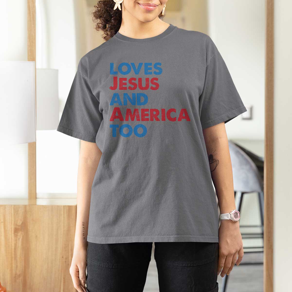 Loves Jesus and America Too T Shirt For Women 4th of July Patriotic - Wonder Print Shop