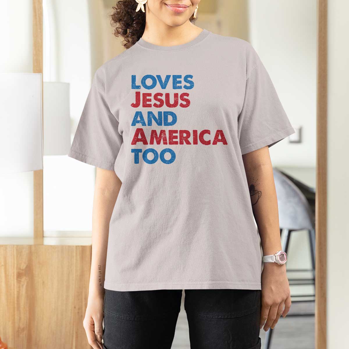 Loves Jesus and America Too T Shirt For Women 4th of July Patriotic - Wonder Print Shop