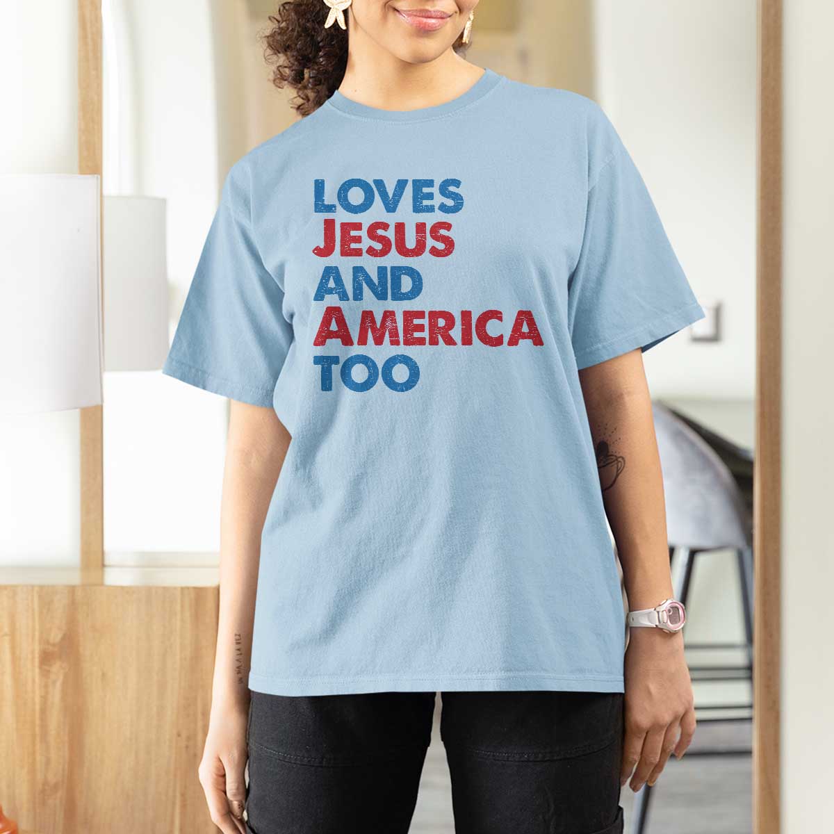 Loves Jesus and America Too T Shirt For Women 4th of July Patriotic - Wonder Print Shop