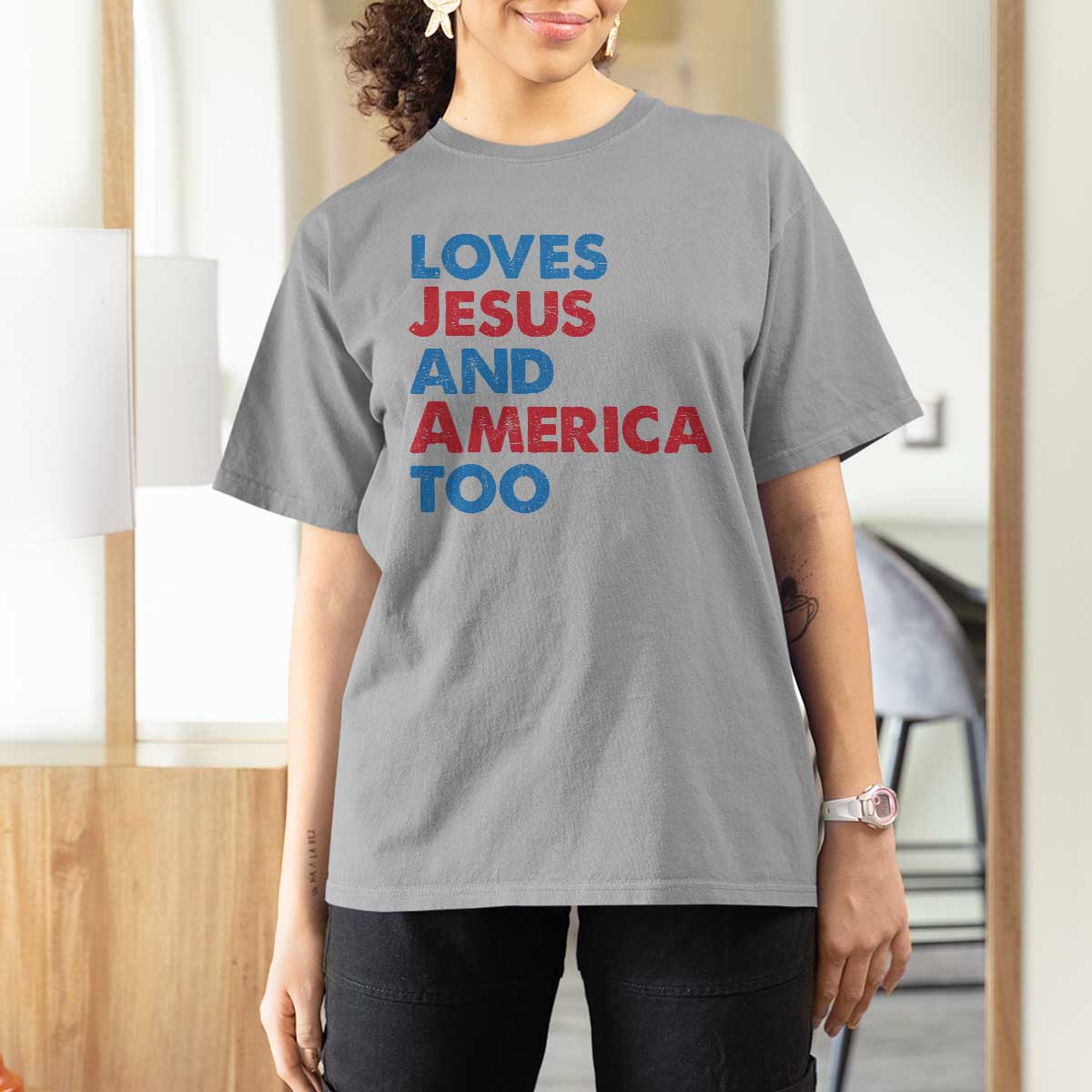 Loves Jesus and America Too T Shirt For Women 4th of July Patriotic - Wonder Print Shop