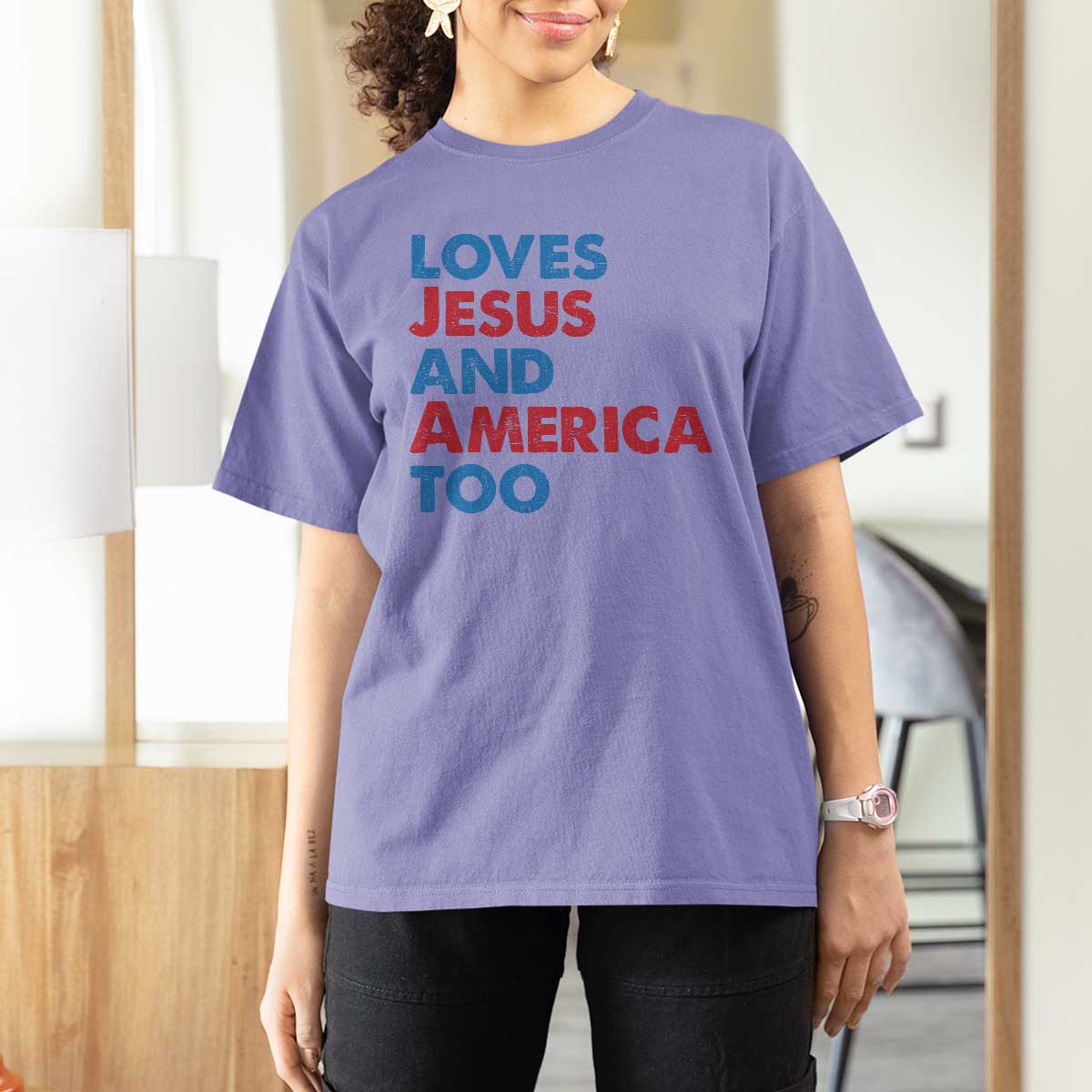 Loves Jesus and America Too T Shirt For Women 4th of July Patriotic - Wonder Print Shop