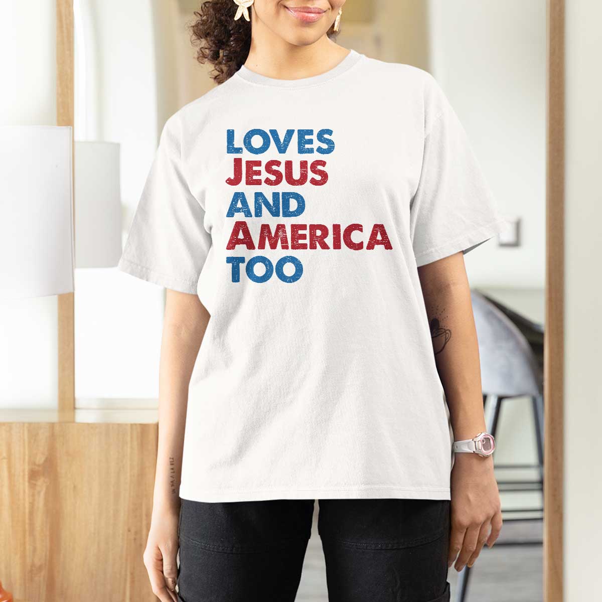 Loves Jesus and America Too T Shirt For Women 4th of July Patriotic - Wonder Print Shop
