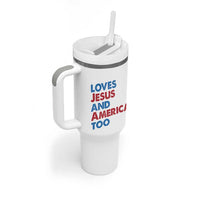 Loves Jesus and America Too Tumbler With Handle 4th of July Patriotic - Wonder Print Shop