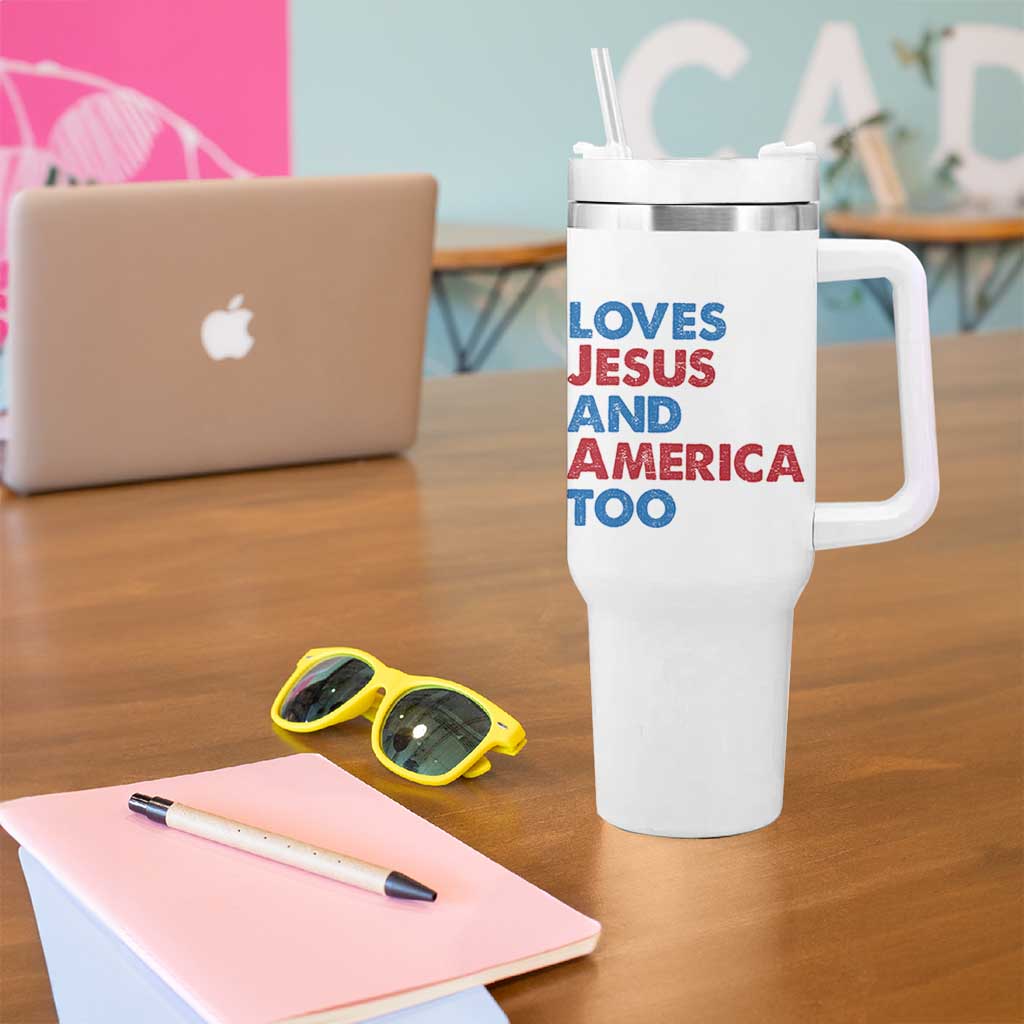 Loves Jesus and America Too Tumbler With Handle 4th of July Patriotic - Wonder Print Shop