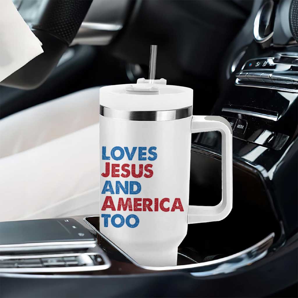 Loves Jesus and America Too Tumbler With Handle 4th of July Patriotic - Wonder Print Shop