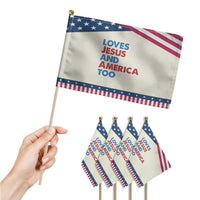 Loves Jesus and America Too Patriotic Handheld Flag 4th of July