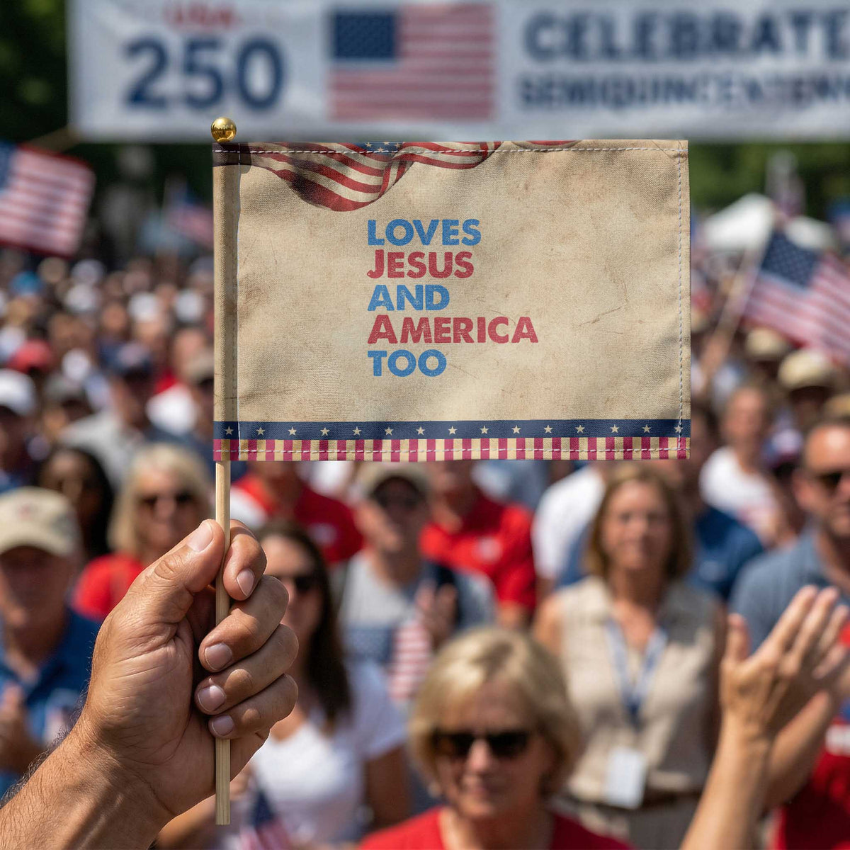 Loves Jesus and America Too Patriotic Handheld Flag 4th of July