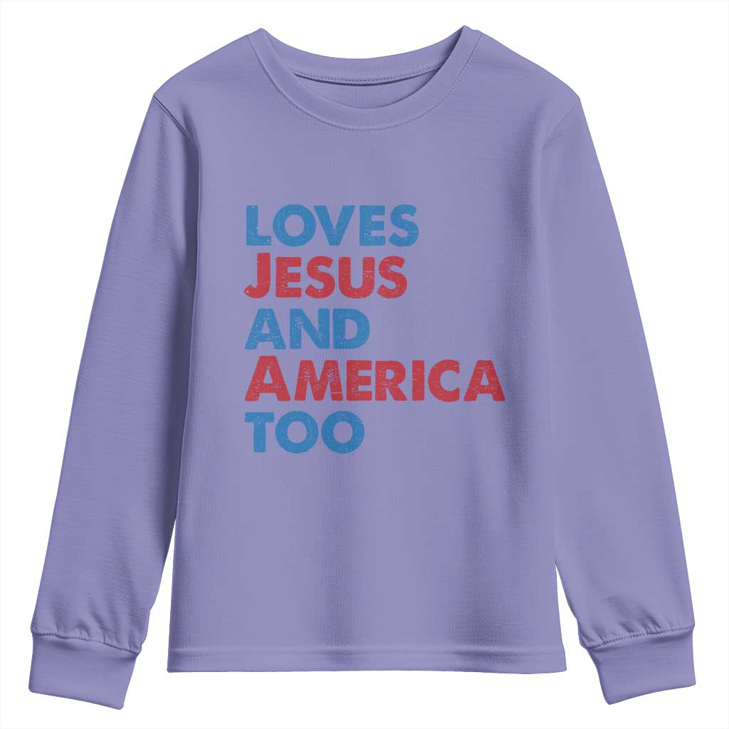 Loves Jesus and America Too Youth Sweatshirt 4th of July Patriotic - Wonder Print Shop