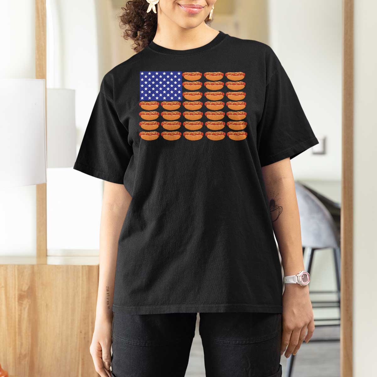 Hot Dog American Flag T Shirt For Women Funny 4th Of July Patriotic Summer BBQ - Wonder Print Shop