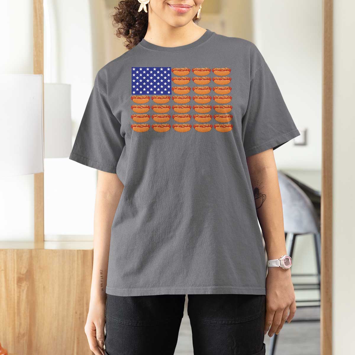 Hot Dog American Flag T Shirt For Women Funny 4th Of July Patriotic Summer BBQ - Wonder Print Shop