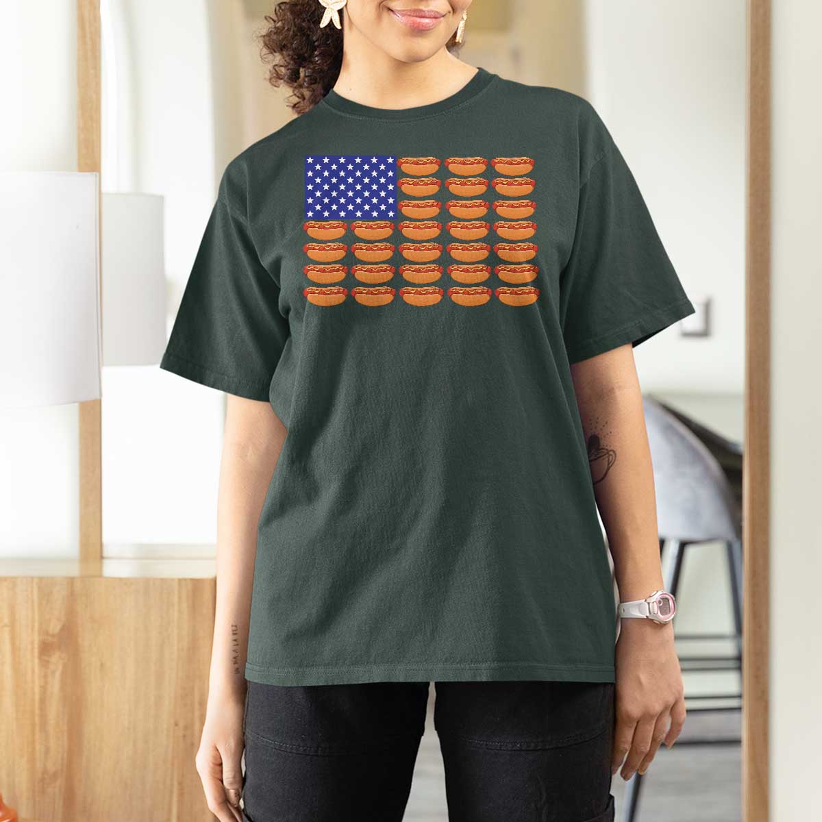 Hot Dog American Flag T Shirt For Women Funny 4th Of July Patriotic Summer BBQ - Wonder Print Shop