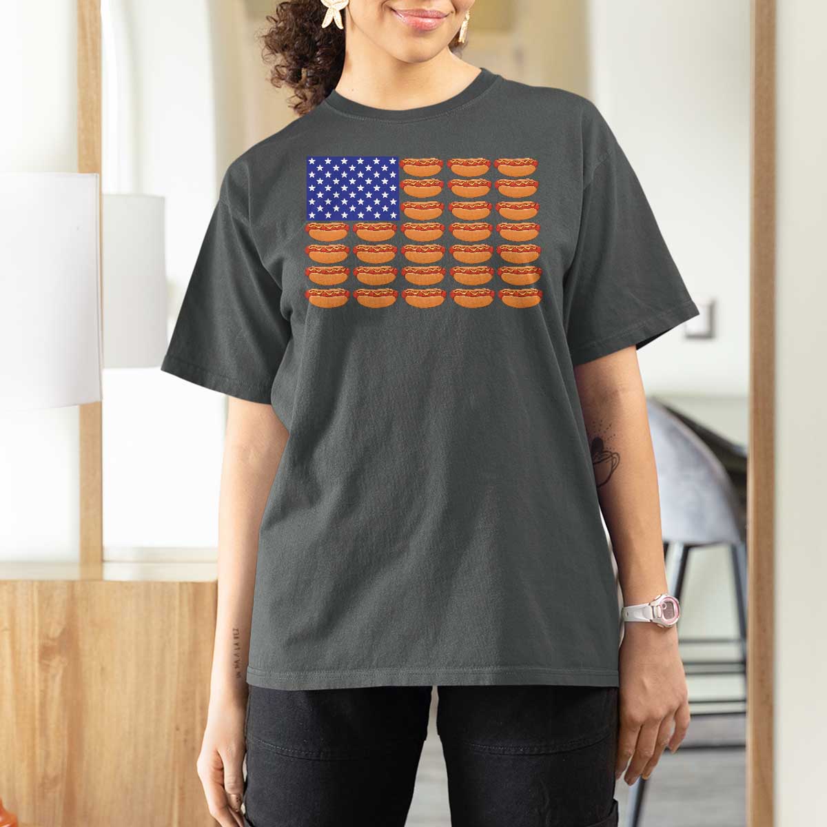 Hot Dog American Flag T Shirt For Women Funny 4th Of July Patriotic Summer BBQ - Wonder Print Shop