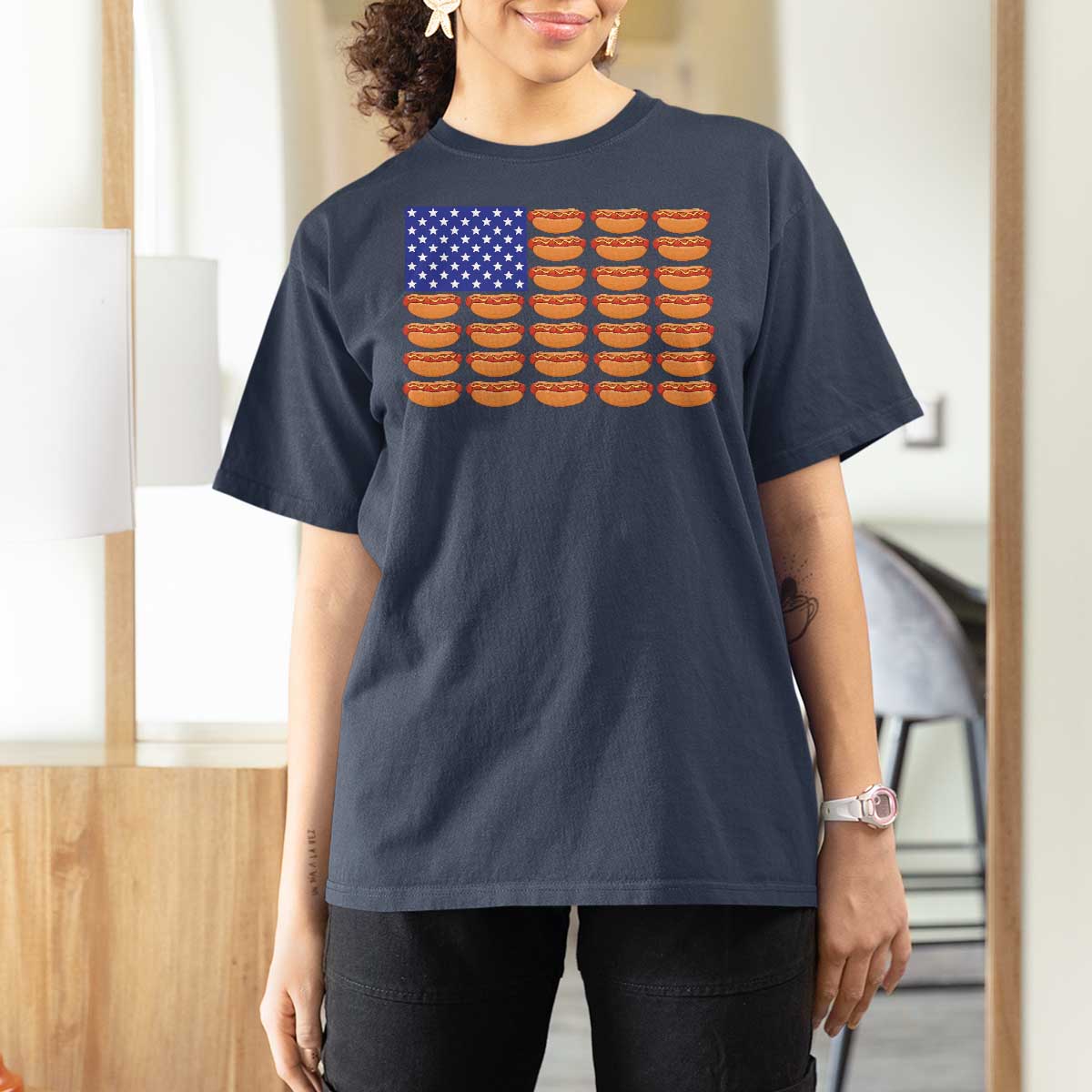 Hot Dog American Flag T Shirt For Women Funny 4th Of July Patriotic Summer BBQ - Wonder Print Shop
