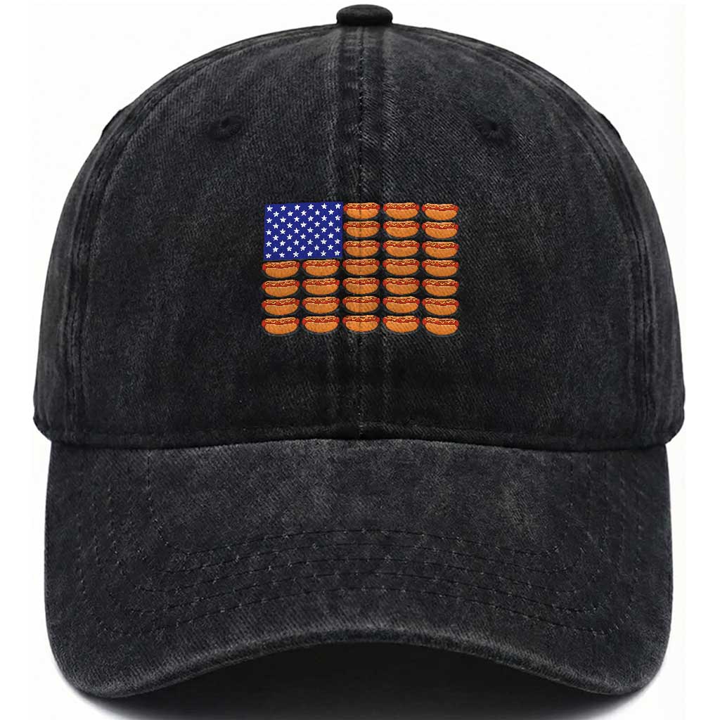 Hot Dog American Flag Washed Cotton Baseball Cap Funny 4th Of July Patriotic Summer BBQ