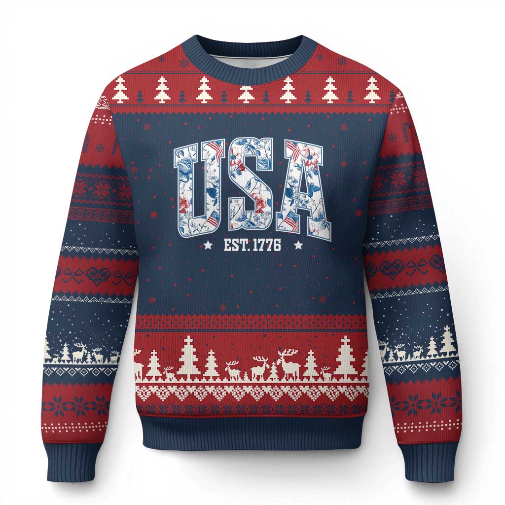 Floral USA Ugly Christmas Sweater Est 1776 Patriotic American Girl 4th of July - Wonder Print Shop