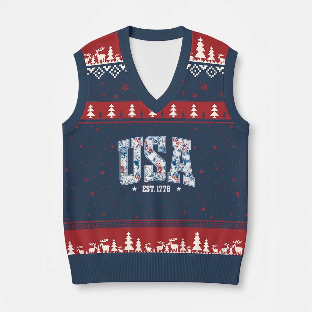Floral USA V-Neck Knit Sweater Vest Est 1776 Patriotic American Girl 4th of July - Wonder Print Shop