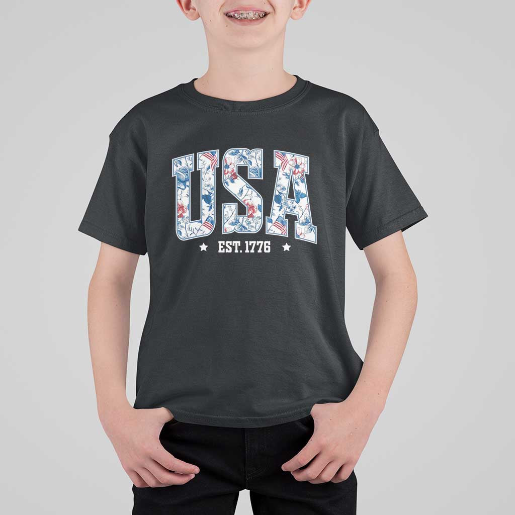 Floral USA T Shirt For Kid Est 1776 Patriotic American Girl 4th of July - Wonder Print Shop