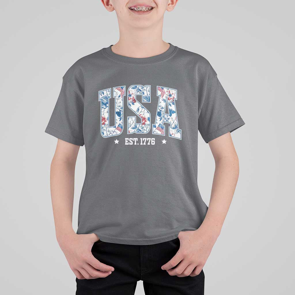 Floral USA T Shirt For Kid Est 1776 Patriotic American Girl 4th of July - Wonder Print Shop