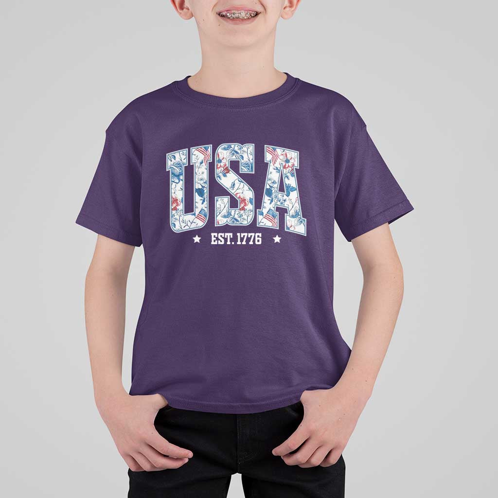 Floral USA T Shirt For Kid Est 1776 Patriotic American Girl 4th of July - Wonder Print Shop