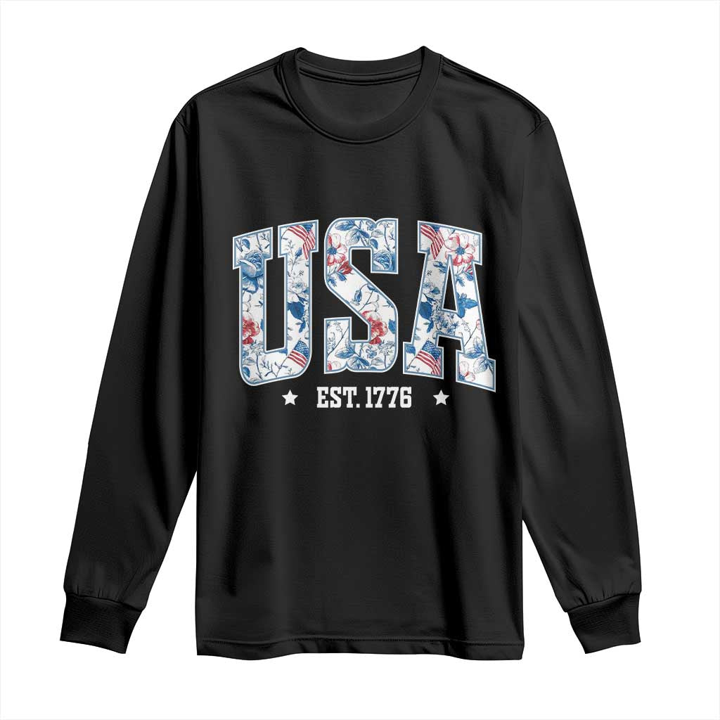 Floral USA Long Sleeve Shirt Est 1776 Patriotic American Girl 4th of July - Wonder Print Shop