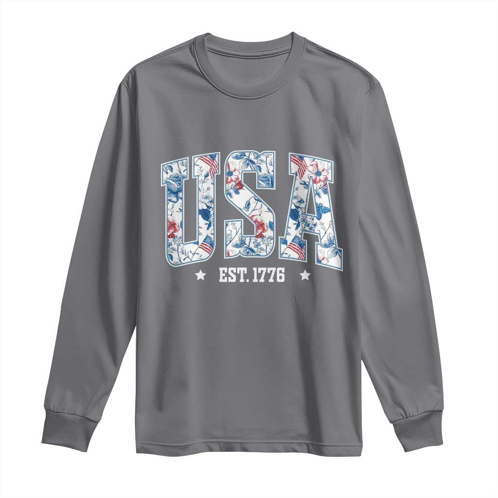Floral USA Long Sleeve Shirt Est 1776 Patriotic American Girl 4th of July - Wonder Print Shop