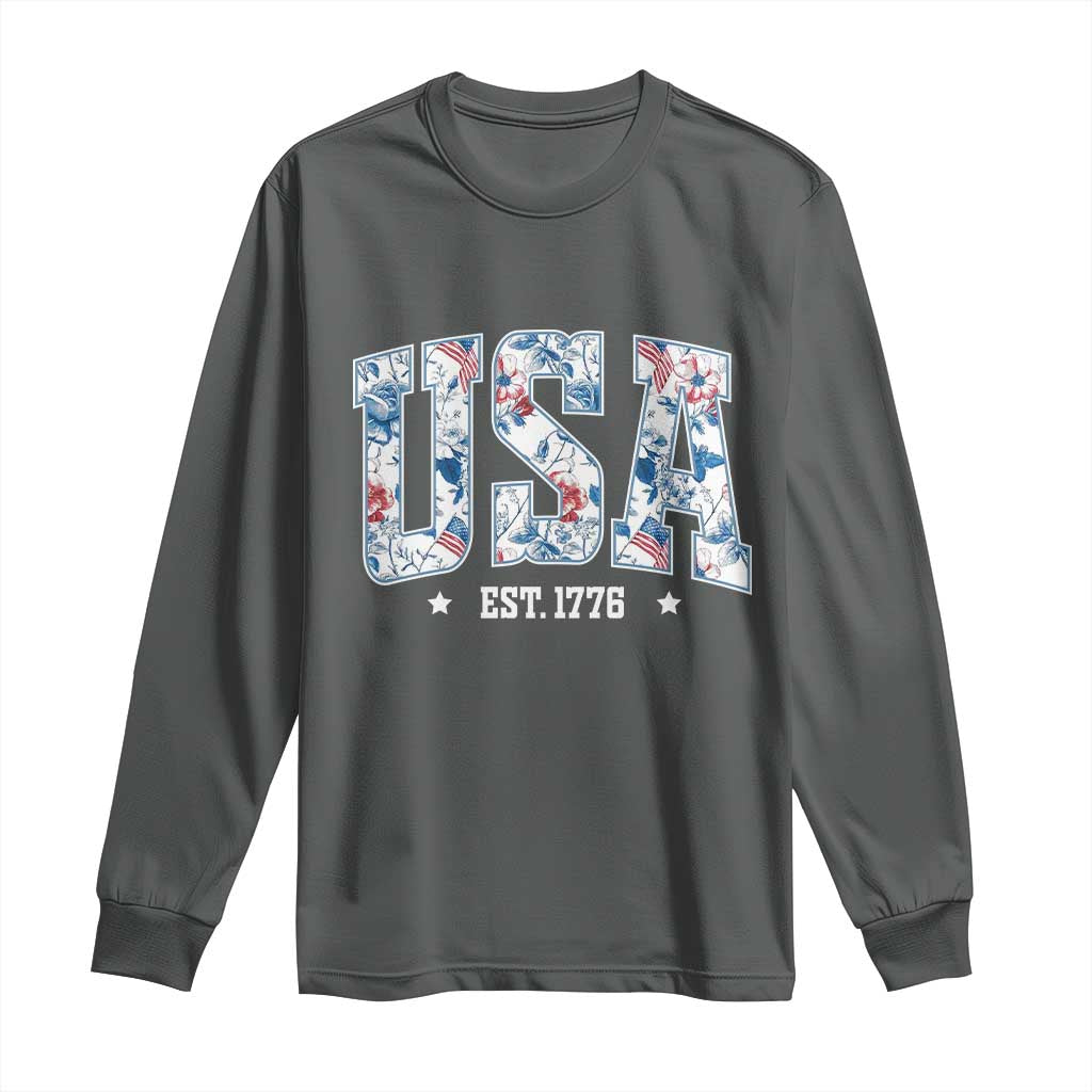 Floral USA Long Sleeve Shirt Est 1776 Patriotic American Girl 4th of July - Wonder Print Shop