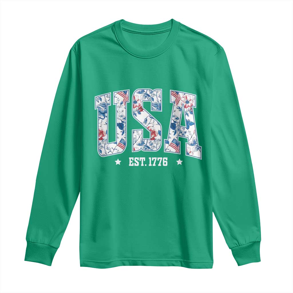 Floral USA Long Sleeve Shirt Est 1776 Patriotic American Girl 4th of July - Wonder Print Shop