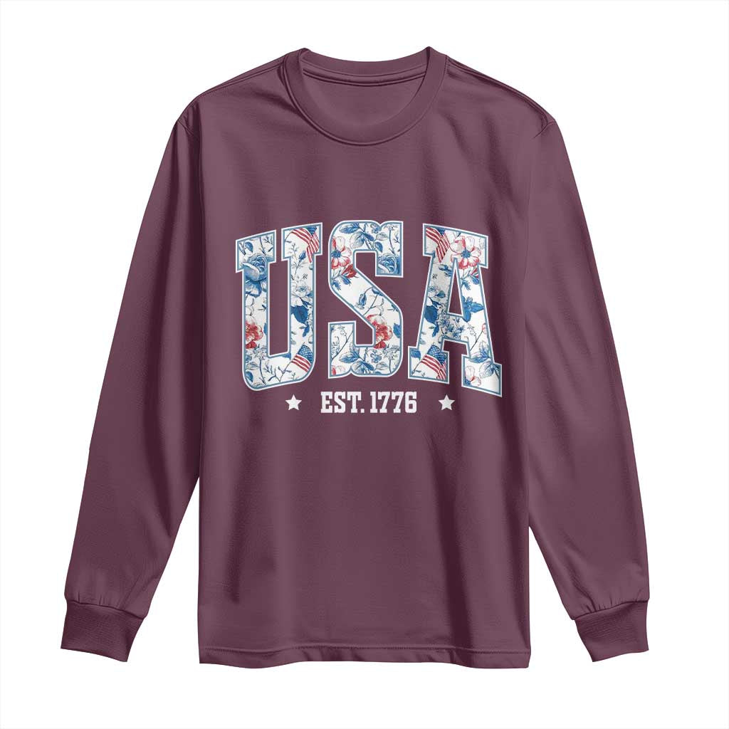 Floral USA Long Sleeve Shirt Est 1776 Patriotic American Girl 4th of July - Wonder Print Shop