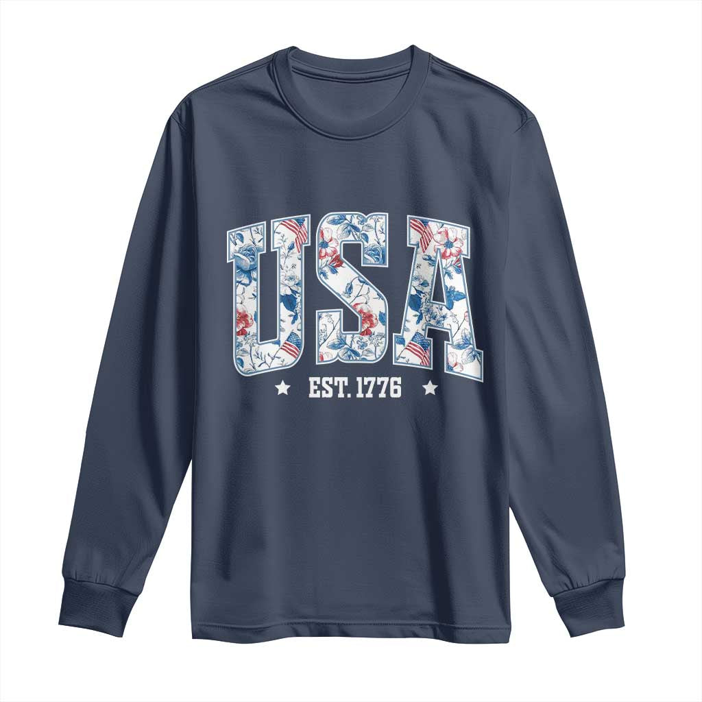 Floral USA Long Sleeve Shirt Est 1776 Patriotic American Girl 4th of July - Wonder Print Shop