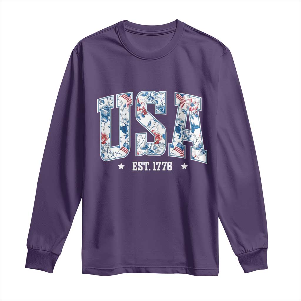 Floral USA Long Sleeve Shirt Est 1776 Patriotic American Girl 4th of July - Wonder Print Shop