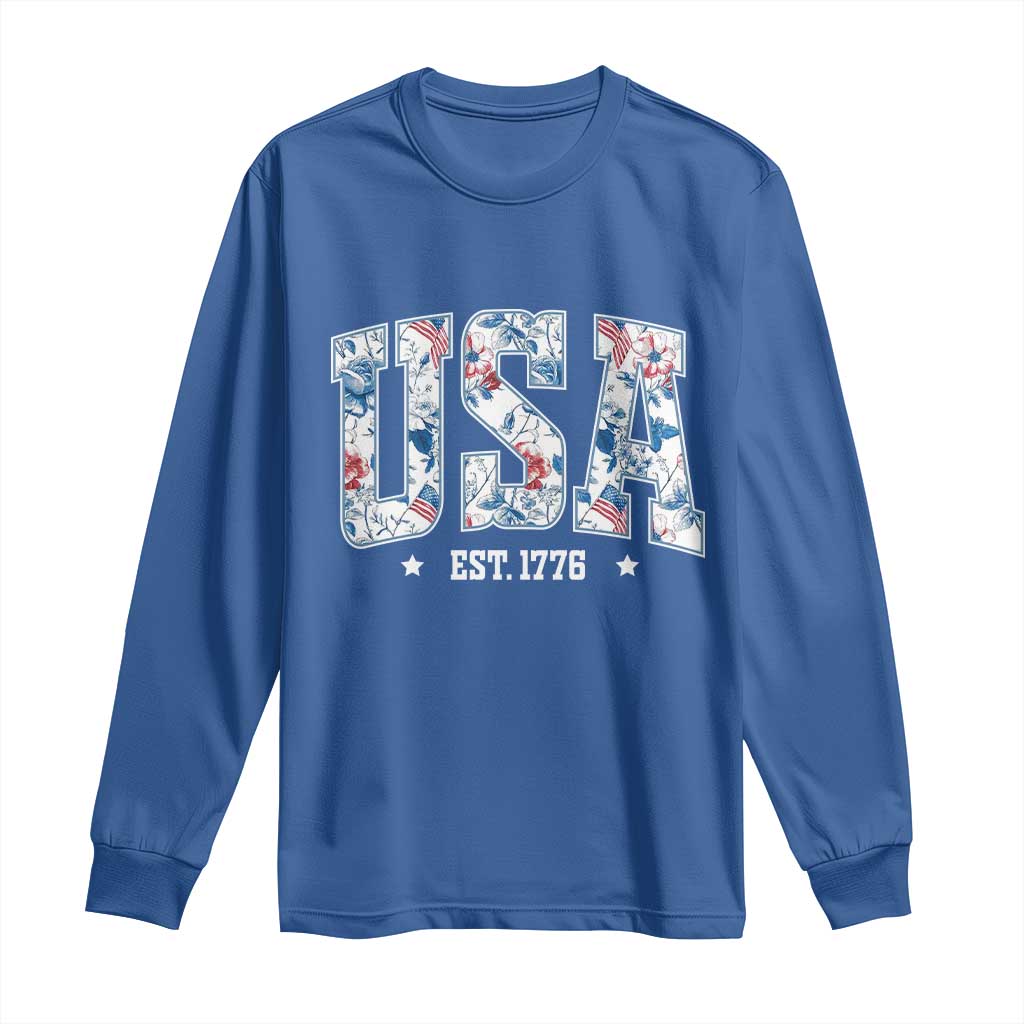 Floral USA Long Sleeve Shirt Est 1776 Patriotic American Girl 4th of July - Wonder Print Shop