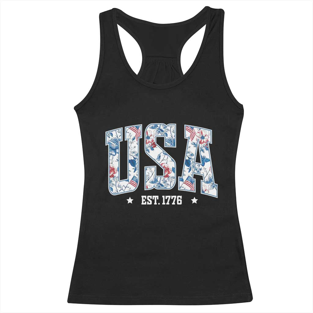 Floral USA Racerback Tank Top Est 1776 Patriotic American Girl 4th of July - Wonder Print Shop