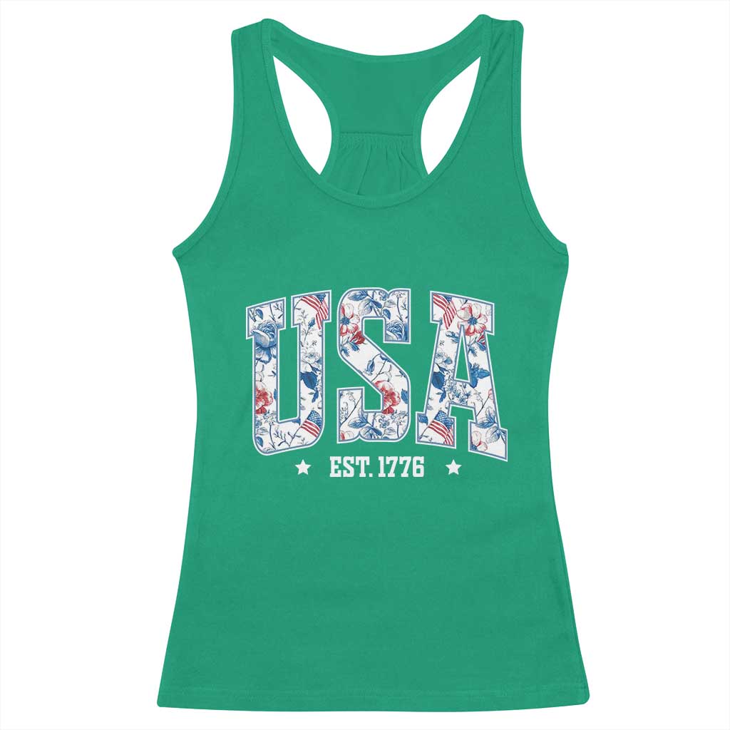 Floral USA Racerback Tank Top Est 1776 Patriotic American Girl 4th of July - Wonder Print Shop