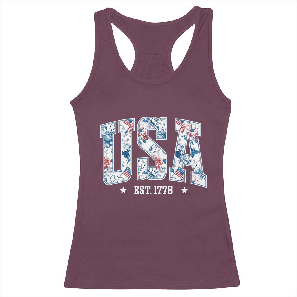 Floral USA Racerback Tank Top Est 1776 Patriotic American Girl 4th of July - Wonder Print Shop